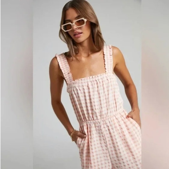 SHOWPO. NWOT Zilliah Elastic Frill Strap Jumpsuit in Peach Gingham - Picture 2 of 3